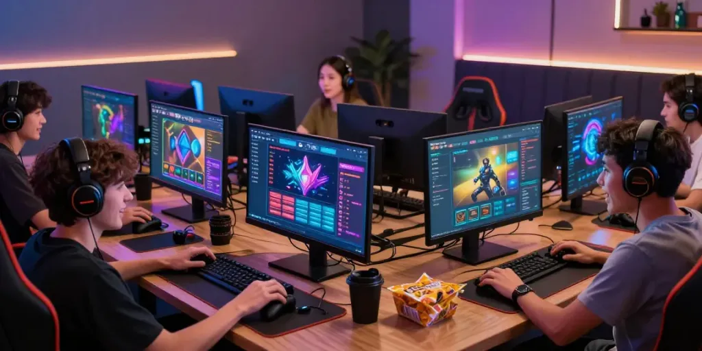 Pengalaman bermain Situs Toto online dengan sekelompok teman di ruang permainan modern.
