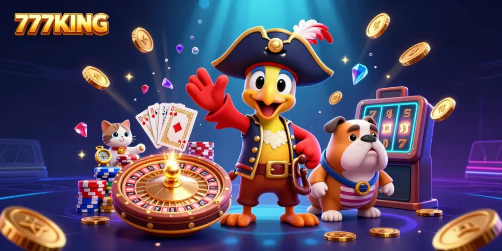 Experience exciting gameplay at 777KING with vibrant elements like coins, cards, and a spinning roulette wheel.
