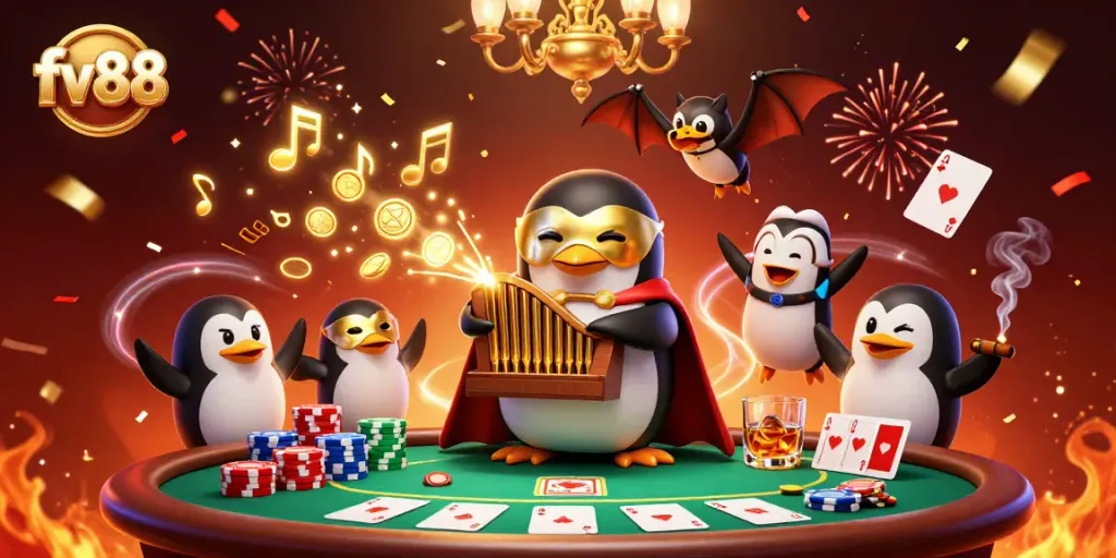 fv88 showcases a vibrant casino scene with a penguin playing an organ amid golden coins and poker elements.