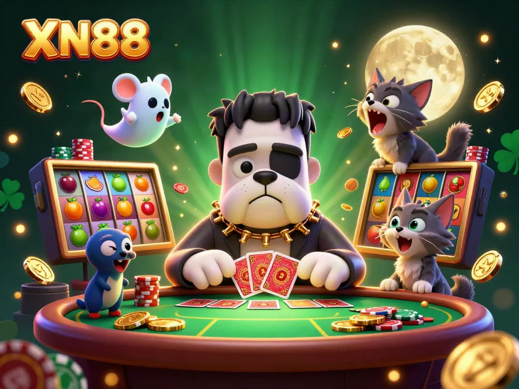 Engage with thrilling XN88 casino action featuring a playful bulldog dealer, ghost mouse, and golden moon backdrop.