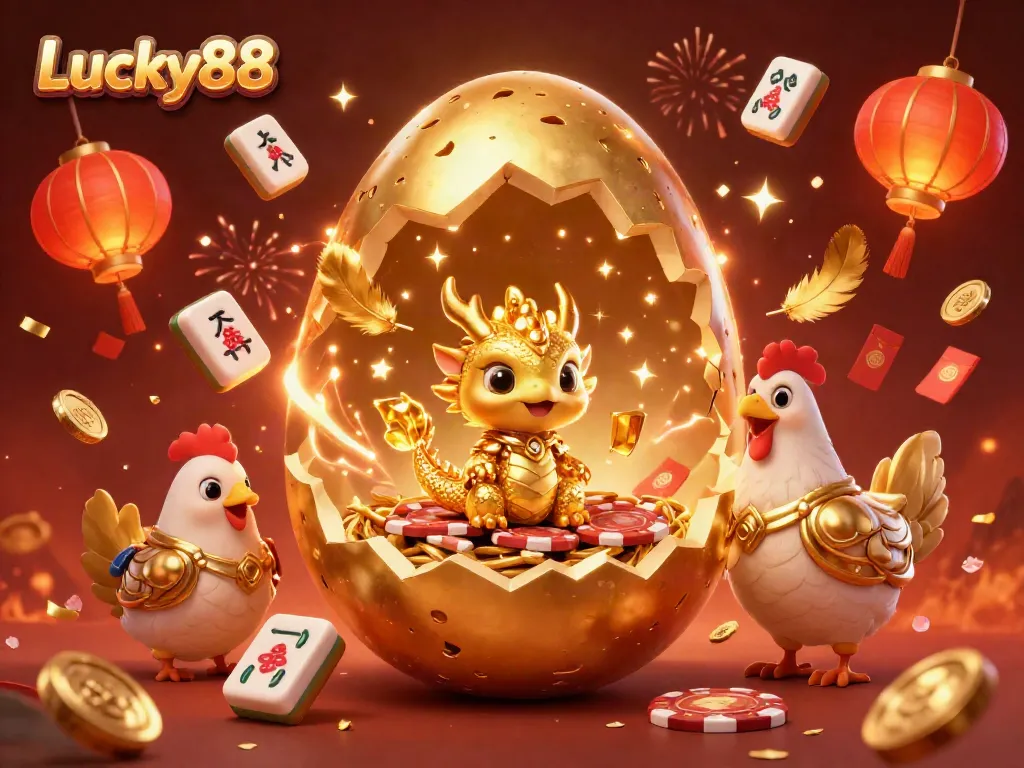 Celebrate big wins at Lucky88 with a golden dragon and poker chips in a vibrant, festive scene.
