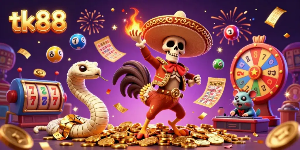 Experience the excitement of tk88 with a festive 3D casino illustration featuring vibrant characters and dynamic gaming elements.