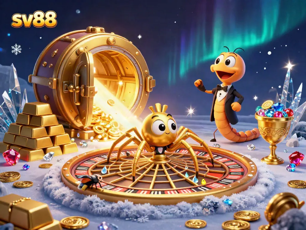 sv88 features a golden spider and centipede croupier in a dynamic casino scene.
