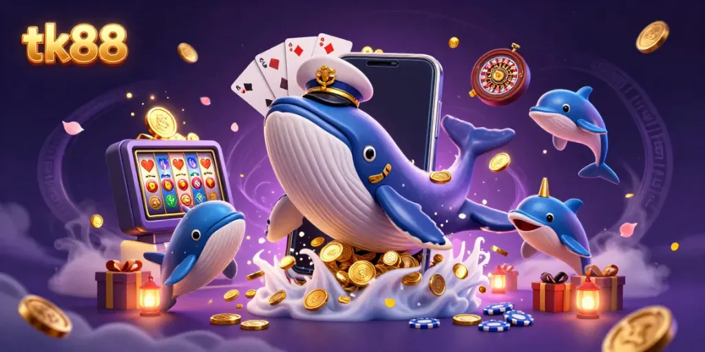 Engage with tk88's vibrant casino experience featuring a whale, narwhal, and dolphins.