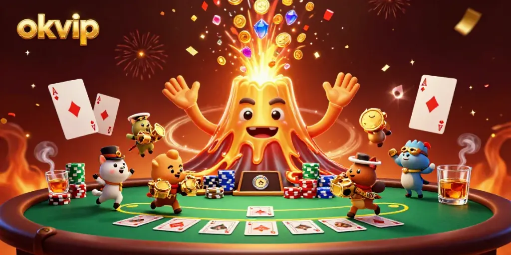Experience the thrill of okvip as a golden volcano erupts coins and treasures amid a vibrant poker scene.
