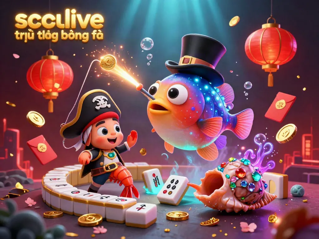 Socolive trực tiếp bóng đá with a dazzling 3D anglerfish attracting coins amidst festive gaming elements.