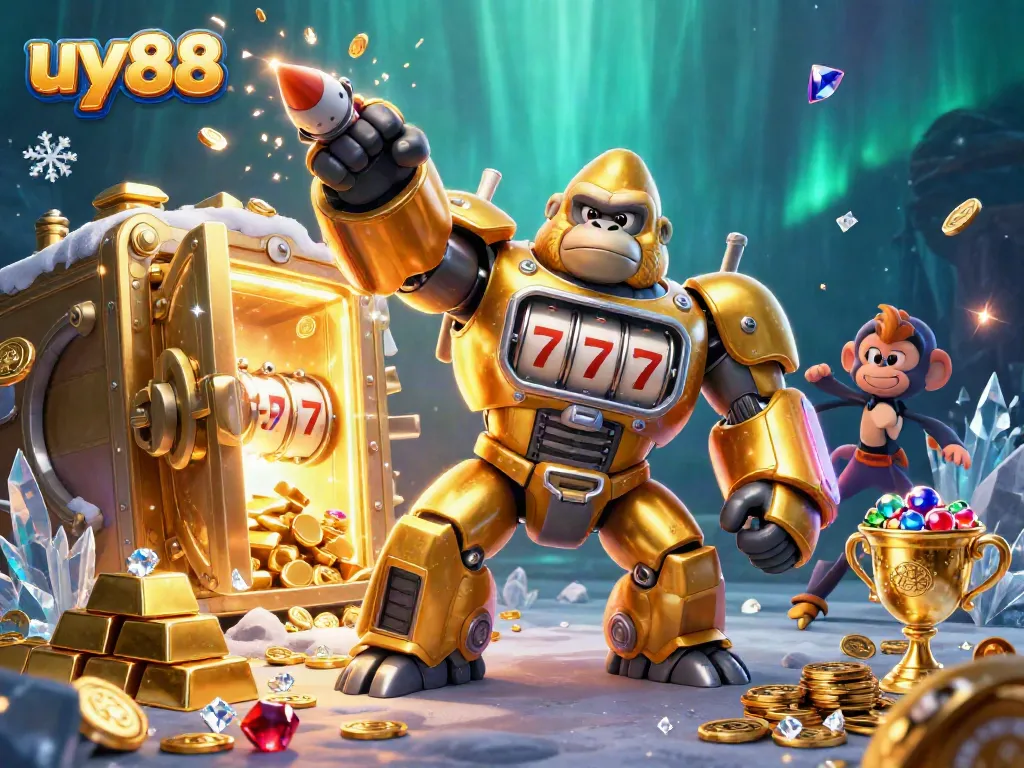 Experience the excitement at uy88 with a golden mech smashing jackpots amidst treasure.