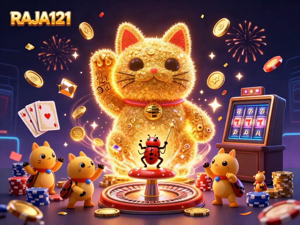 Engage with dynamic casino symbols, showcasing RAJA121's lucky cat and vibrant gaming elements.
