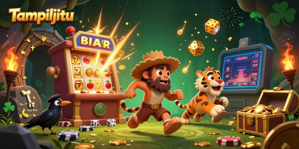 Tampiljitu showcases a vibrant prehistoric casino scene filled with slot machines and colorful gaming elements.