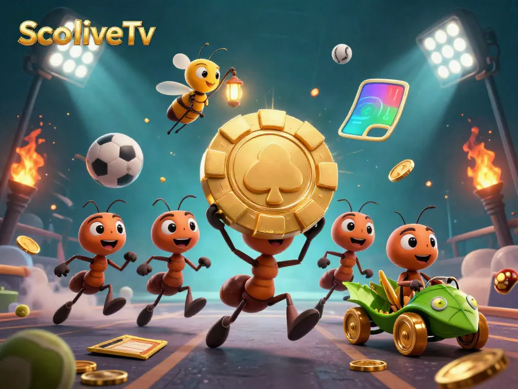 Experience thrilling gameplay with SocoliveTv featuring energetic ants and sports balls in a vibrant heist.