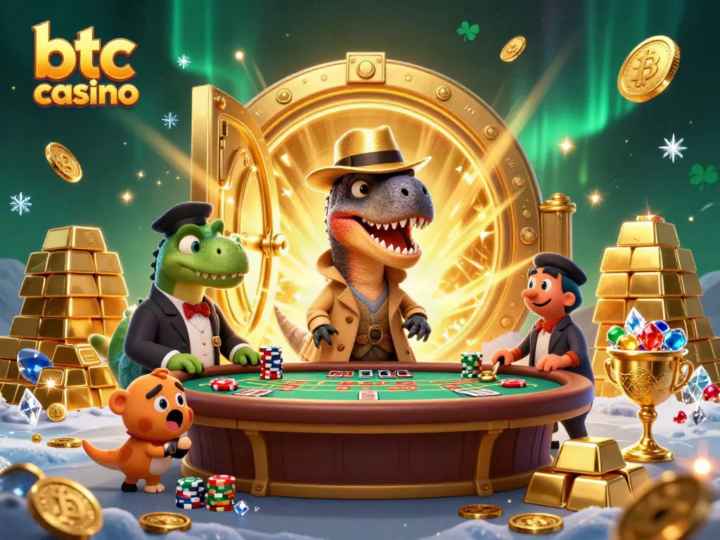 Experience the thrill of a btc casino with playful dinosaur characters engaging in a lively blackjack game.