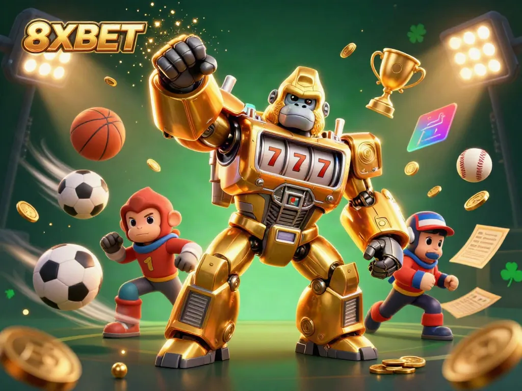8XBET's dynamic gaming adventure in a vibrant 3D illustration with a golden mech and flying sports elements.