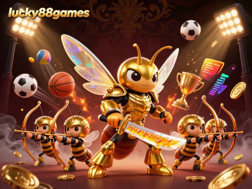 Join the action in lucky88games with a dynamic 3D illustration showcasing exciting gaming elements and characters.