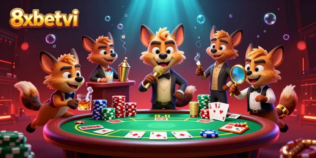 Engage in thrilling games at 8xbetvi with vibrant casino action featuring 3D hyenas in a comedy club environment.