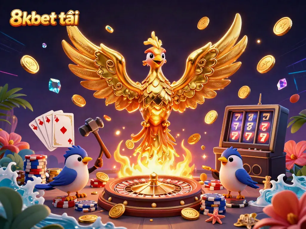 Engage in exciting games with 8xbet tải; witness a golden phoenix and vibrant casino elements.