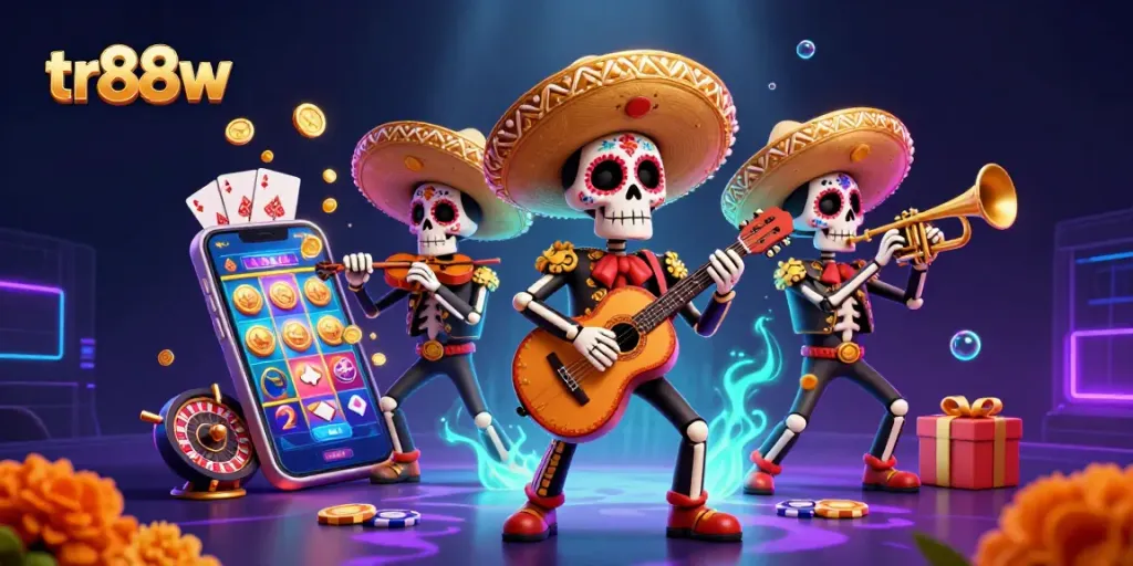 Engage with tr88w's vibrant online casino scene featuring a lively mariachi band and colorful gaming elements.