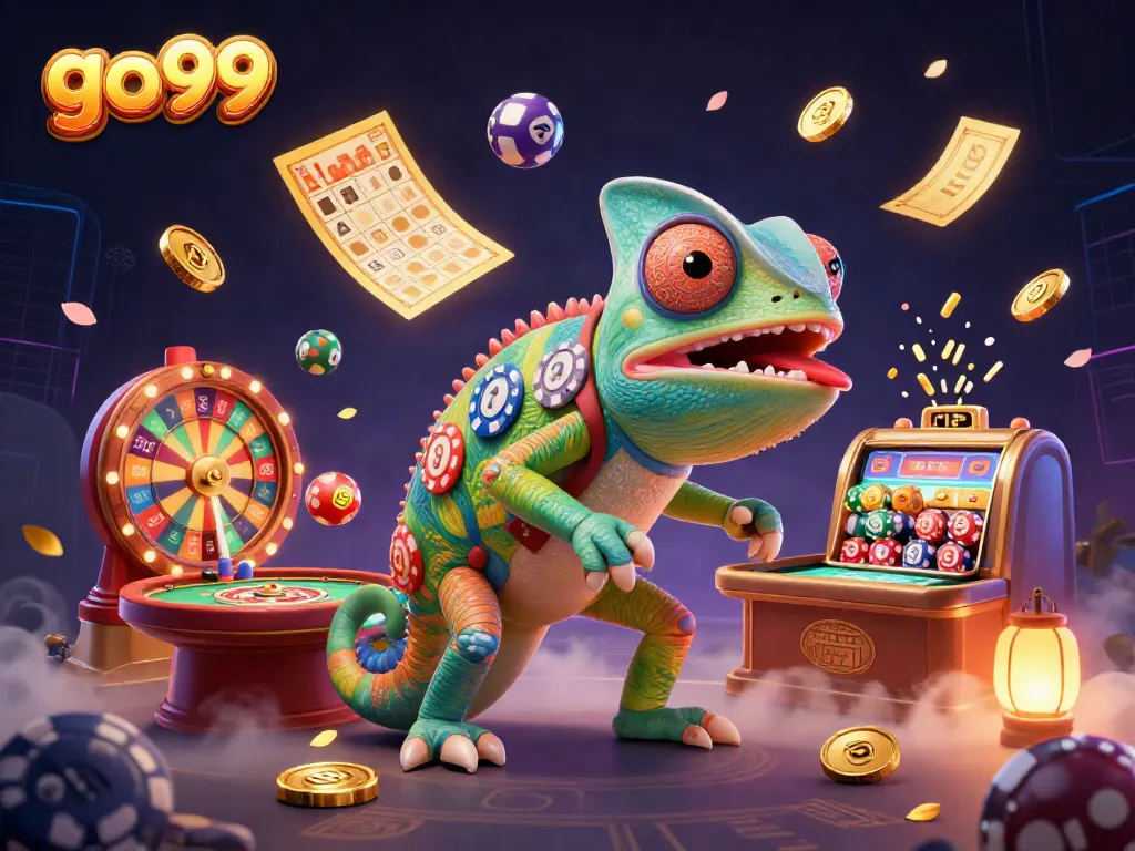Engage with go99's vibrant casino experience featuring a colorful chameleon and dynamic gaming elements