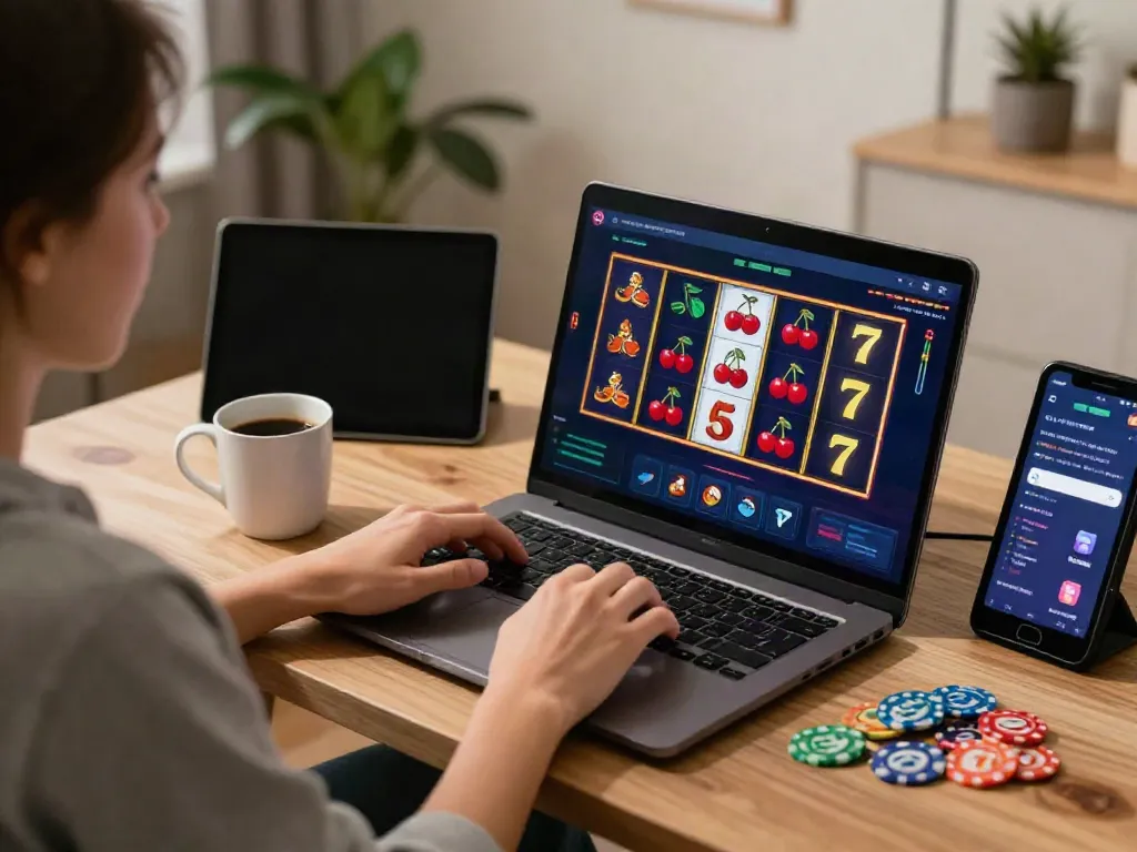 Engaged user spinning online slot games in a cozy home setting, showcasing modern gaming excitement with a laptop and colorful tokens.