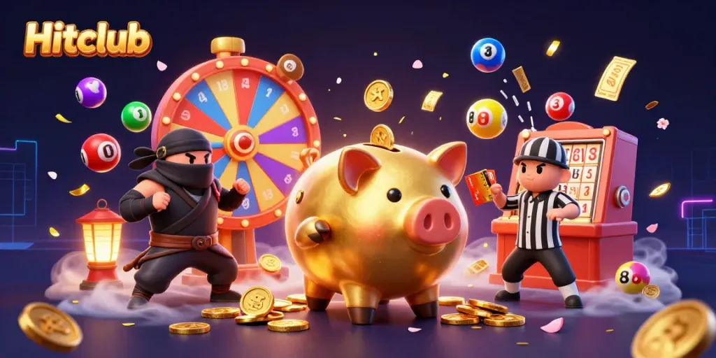 Hitclub's dynamic gaming scene with golden piggy sumo wrestler, ninja, and samurai amidst exciting elements.