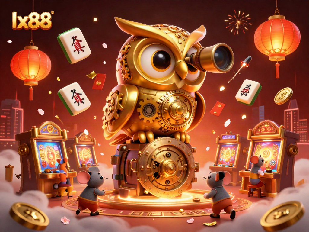 Experience lx88's dynamic casino scene with a golden owl and whimsical mice amidst vibrant gaming elements.