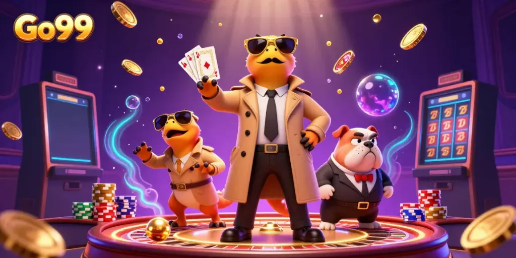 Engage in exhilarating gameplay at Go99 with cartoon raptors entering a VIP lounge filled with casino excitement.