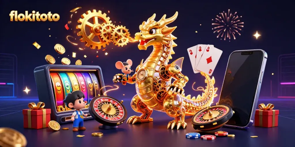 Experience the thrill of flokitoto with a vibrant 3D illustration of a golden dragon and exciting casino elements.