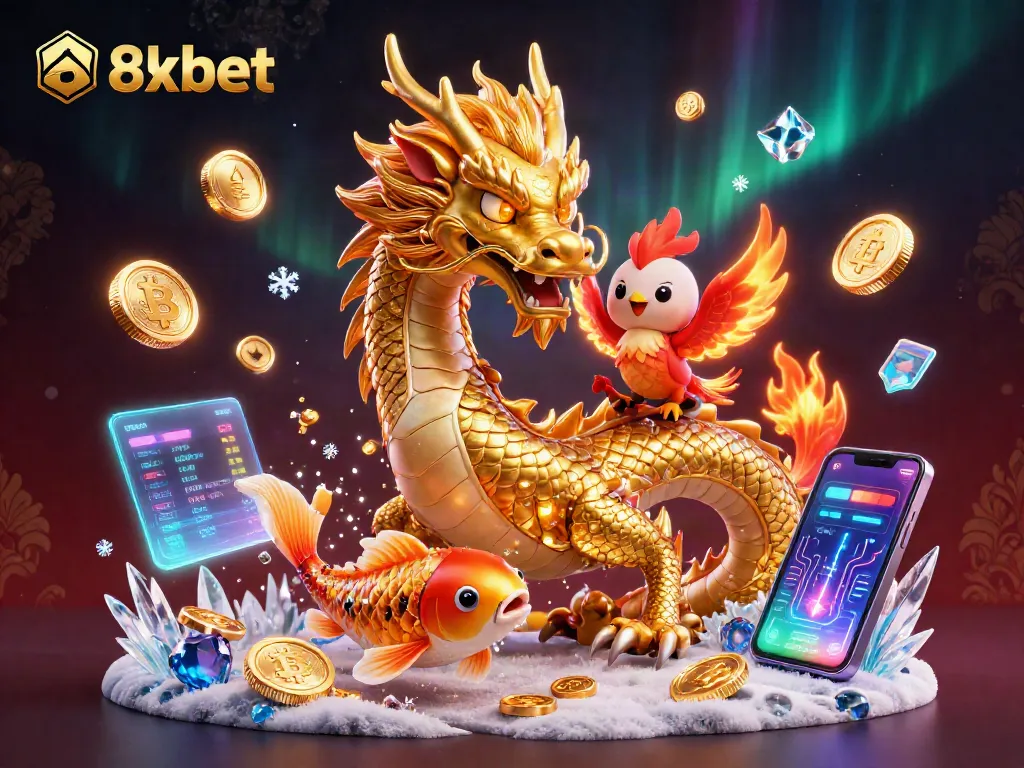 Experience the thrill of 8xbet with a stunning illustration of a dragon, phoenix, and lucky koi fish.