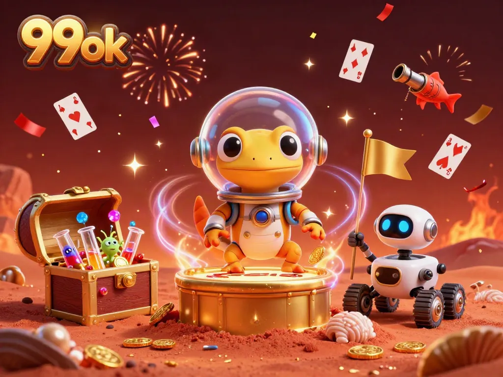 Experience the thrilling adventure of 99ok with a Martian gecko exploring a golden casino