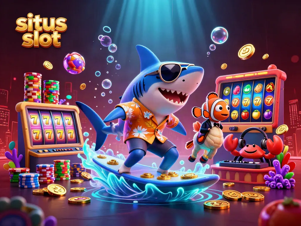 Sitas slot theme with vibrant characters surfing on gold coins, rich casino elements surrounding them.