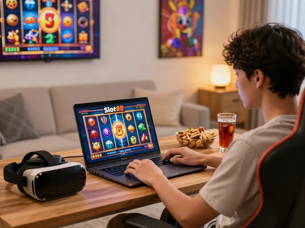Engaging player enjoying Slot88 online game in a cozy gaming setup.