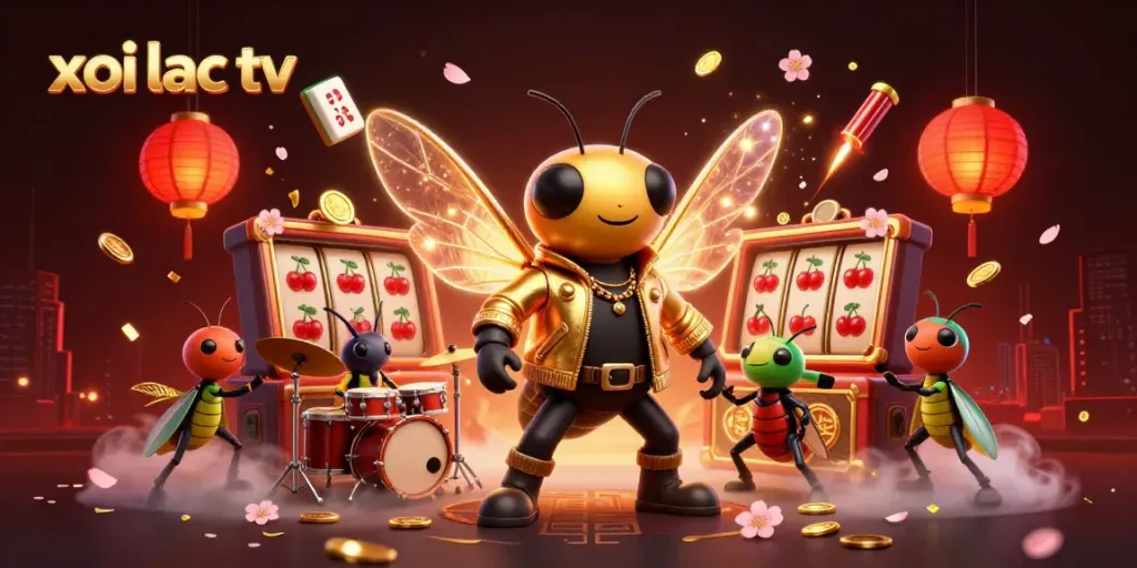 xoi lac tv brings together a dynamic 3D scene of characters celebrating around colorful slots and casino elements.