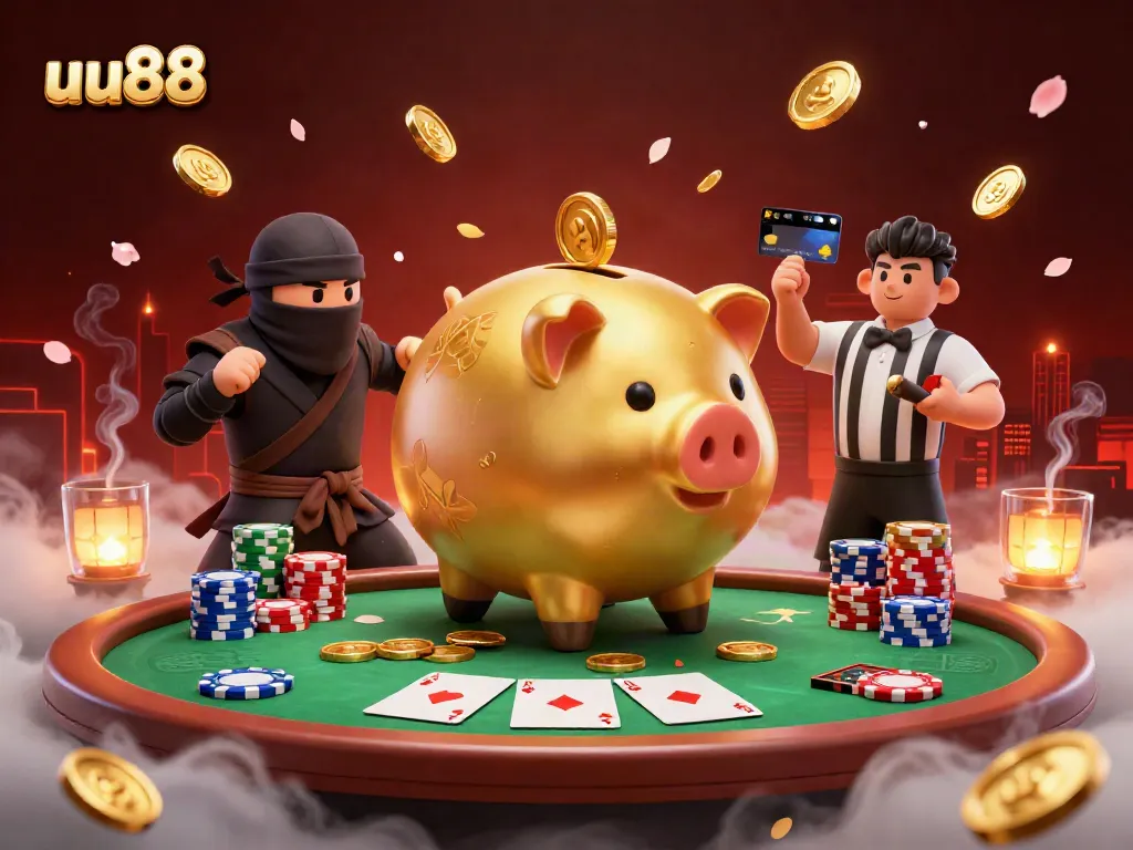 uu88 gameplay scene featuring a dynamic golden piggy bank sumo wrestler and characters, poker elements, and atmosphere.