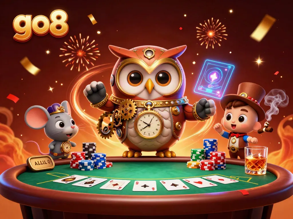 Experience the excitement of go8 with a vibrant, 3D illustration of a steampunk owl at a poker table.