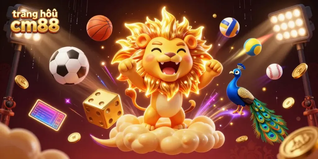 Engage with the vibrant universe of trang chủ cm88 featuring a sun lion, dazzling dice, and dynamic sports elements.