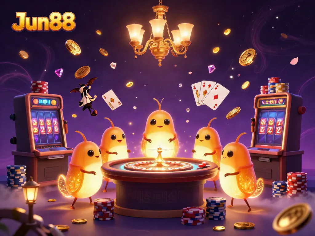 Jun88 casino scene featuring glowing glowworms, a bat dealer, gold coins, and vibrant game elements.