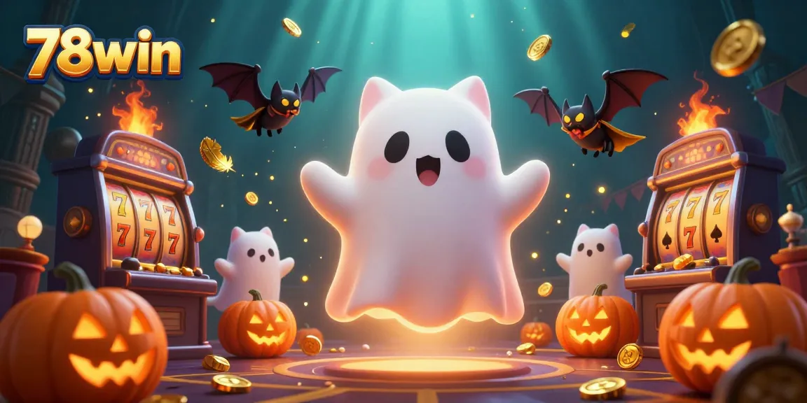 Experience the ghostly excitement of 78win with a playful cat and bat in a haunted casino.