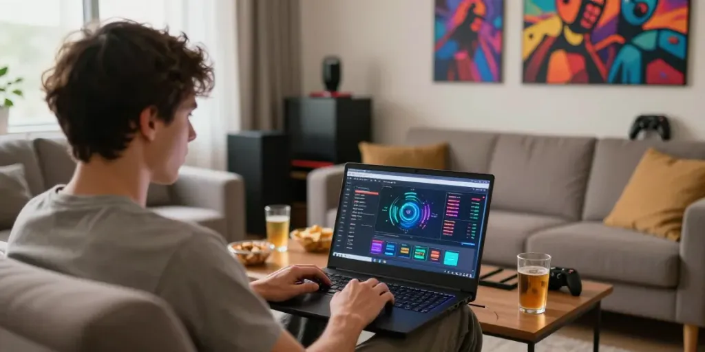 Player engaging with SERIBUTOTO gaming platform in a cozy living room