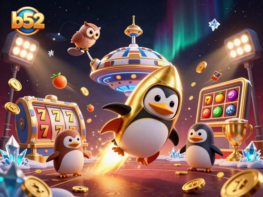 Bets on b52 slots ignite excitement as the golden penguin soars toward a casino poker chip station.