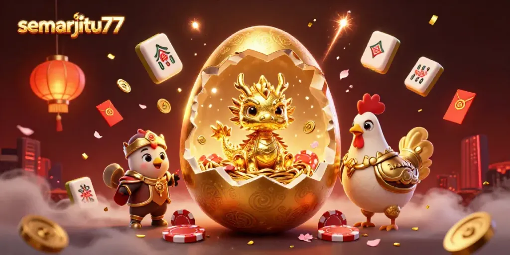 Semarjitu77 menghadirkan ilustrasi kasino 3D dengan naga emas dalam kasino yang dikelilingi koin dan lampion.