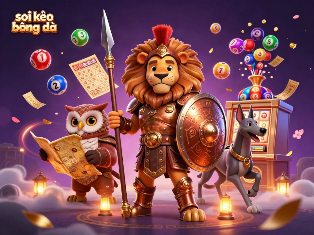 Engage in betting strategies with the vibrant scene of soi kèo bóng đá, featuring a Spartan lion in action.
