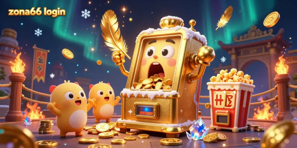 Experience the thrill of winning with zona66 login as the golden slot machine hits a jackpot, surrounded by excitement and gold coins.