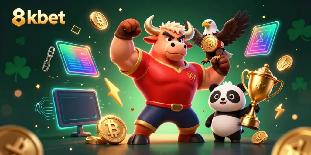 Engage with 8kbet in this dynamic illustration featuring a bull mascot, an eagle, and a panda celebrating gaming wins.