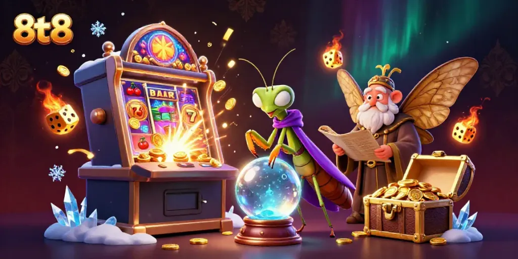 Experience thrilling wins with 8tt8's dynamic slot machine explosion in a mystical casino world.