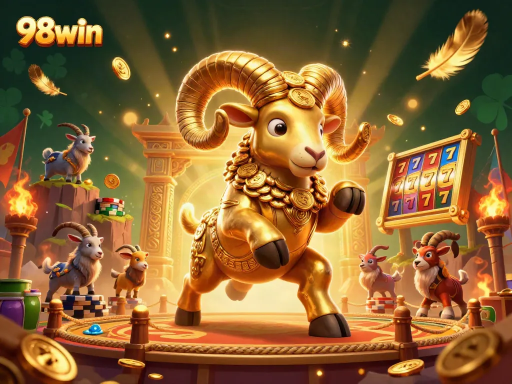 Join the action at 98win with a golden ram charging through a casino backdrop.