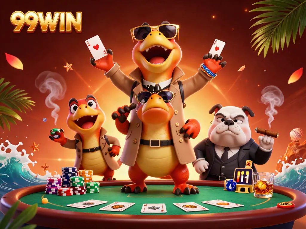 Experience thrilling gaming action at 99WIN with cartoon raptors and vibrant casino elements.