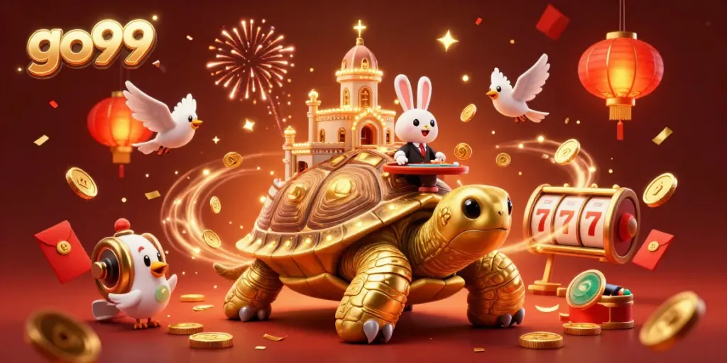 Experience the excitement of go99 with a dynamic casino scene featuring a golden tortoise and playful elements.