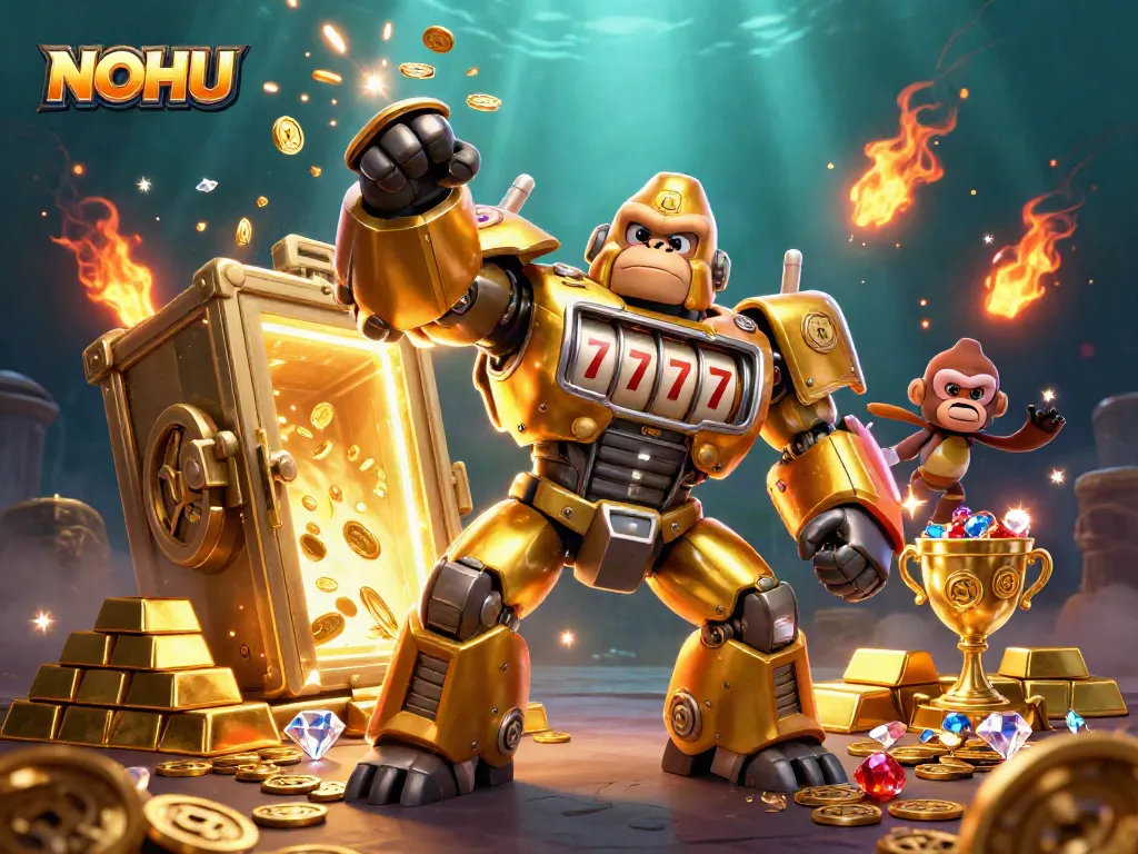 Experience thrilling wins at NOHU casino with a vibrant scene of golden Gorilla Mech and treasures.