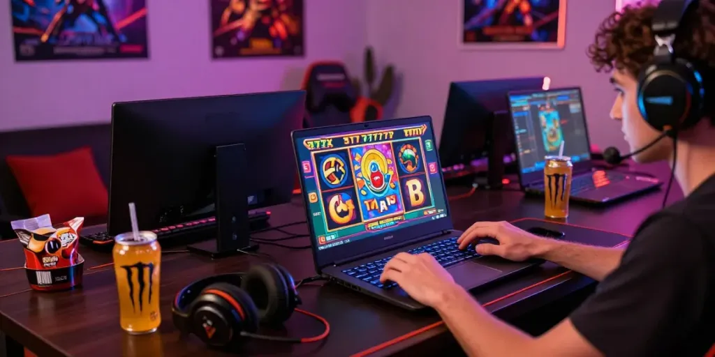Engaging scene of a gamer playing slot777 with vibrant graphics and gaming accessories in a cozy nook.