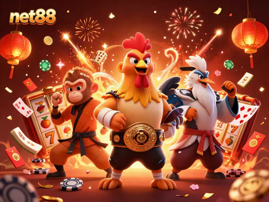 Engage with net88's thrilling casino scene featuring animated slot reels and dynamic characters.
