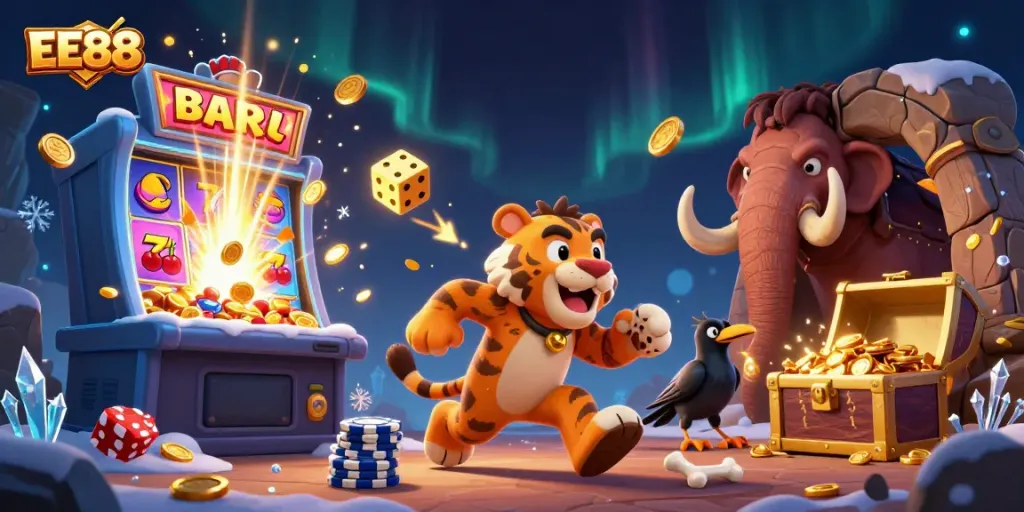 Experience thrilling games at EE88 with captivating casino elements and dynamic illustrations.